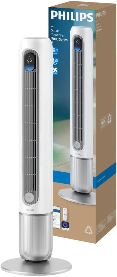 Philips Smarter Turmventilator 7000 Series â€?8,4 m/s stark, ultraleise 22 dB, energieeffizient, App & Fernbedienung, Wlan, 12 Stufen, Schlafmodus, Temp‑Anzeige, 12‑h Timer, 80° Oszillation (CX7550/00)