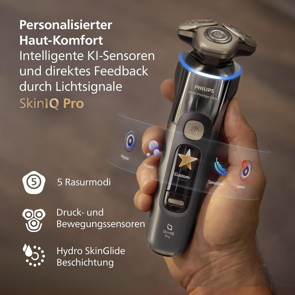 Rasierer i9000 Prestige Ultra, Nass- und Trockenrasierer für Herren, adriatic, Druck- und Bewegungssensor, 5+1 Bartstyler, Reinigungsstation, UV-Ladecase und Reiseetui (Modell XP9402/46)