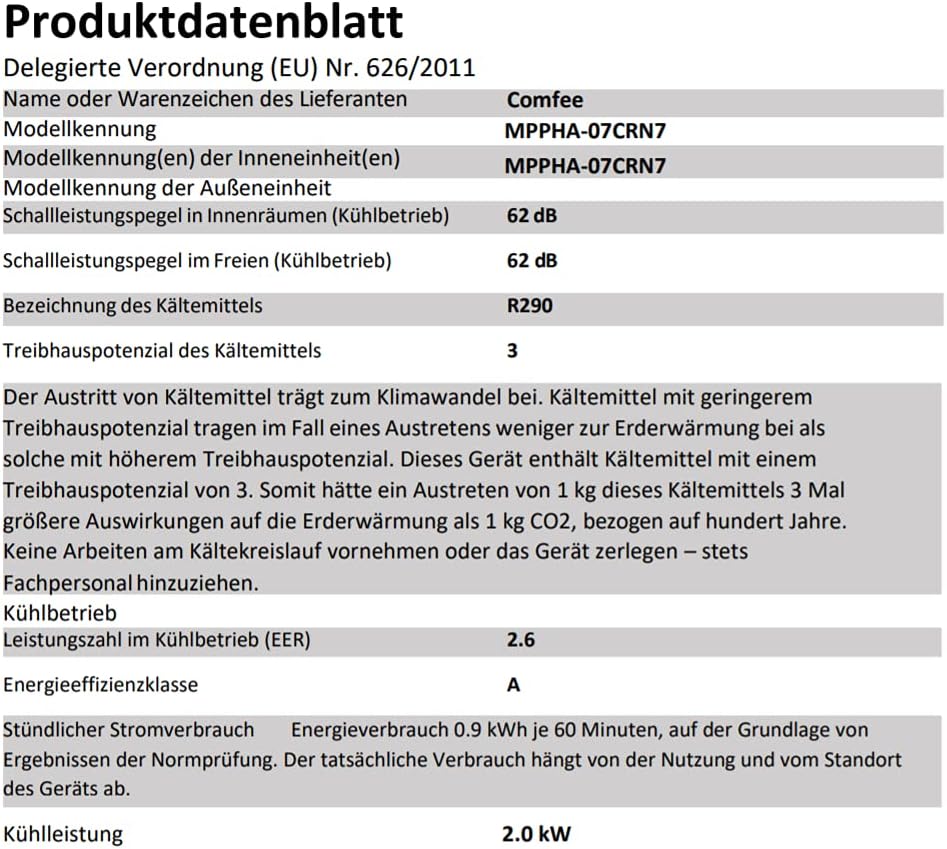 Comfee Mobiles Klimagerät MPPH-09CRN7, 9000 BTU 2,6kW, Kühlen&Ventilieren&Entfeuchten, Raumgröße bis 88m³(33ãŽ?, Mobile Klimaanlage mit Abluftschlauch