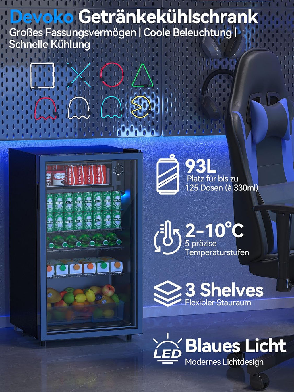 Devoko Getränkekühlschrank mit Glast,93L Minikühlschrank,mit RGB LED Lichtern,verstellbare Einlegeböden, Indoor/Outdoor,für zu Hause, Büro, Partys  und  Gastro,Minibar, Kühlschrank Schwarz