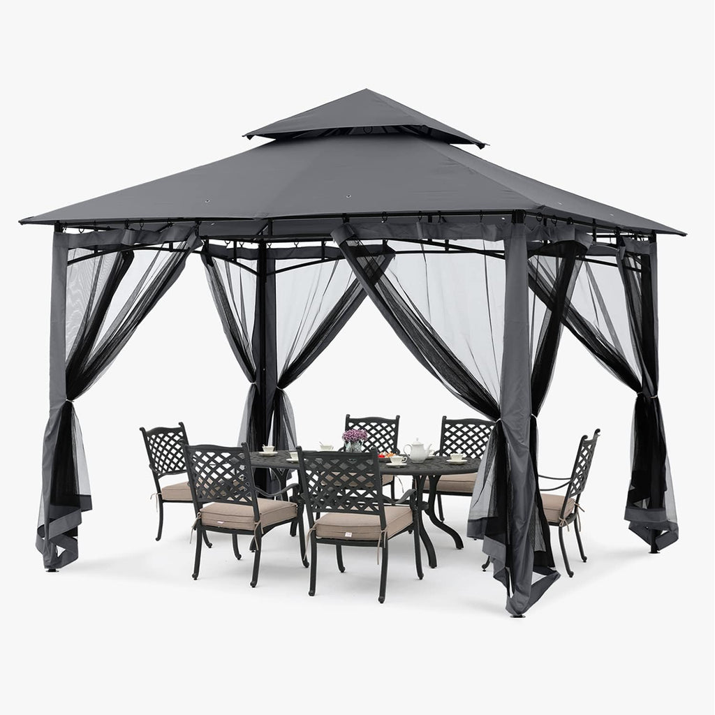 ABCCANOPY Pavillon 2.5x2.5m Wasserdicht Stabil Winterfest Gartenpavillon .Doppeldachweichdach Hinterhof-Partyzelt mit Netz für Schatten und Regen,Grau