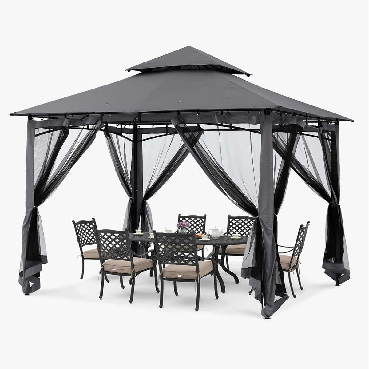 ABCCANOPY Pavillon 2.5x2.5m Wasserdicht Stabil Winterfest Gartenpavillon .Doppeldachweichdach Hinterhof-Partyzelt mit Netz für Schatten und Regen,Grau