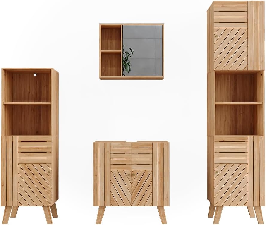 Vicco Badmöbel-Set Lucie, Bambus, 60 cm, besteht aus Waschbeckenunterschrank, Spiegelschrank, Hochschrank und Midischrank