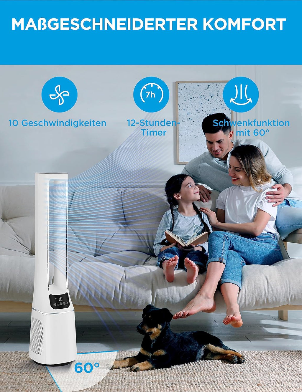 Midea MFP-120i (BL) 2 in 1 Turmventilator Leise 38dB Luftreiniger H13 True HEPA auf 47.6 ãŽ?LED Display Fernbedienung Oszillation 12H Timer Kompatibel für Wireless Connection App Alexa Google