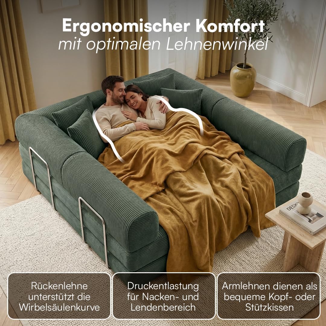 skølm Lofn Ecksofa 4 Sitzer â€?Wohnlandschaft L-Form Cord â€?Klappsofa 300cm breit Dunkelgrün â€?ausklappbar zum Schlafsofa, Bodensofa â€?Vollschaum Sofa mit 4 Kissen & Stahlgestell â€?Cloud Couch boneless | ohne Aufbau