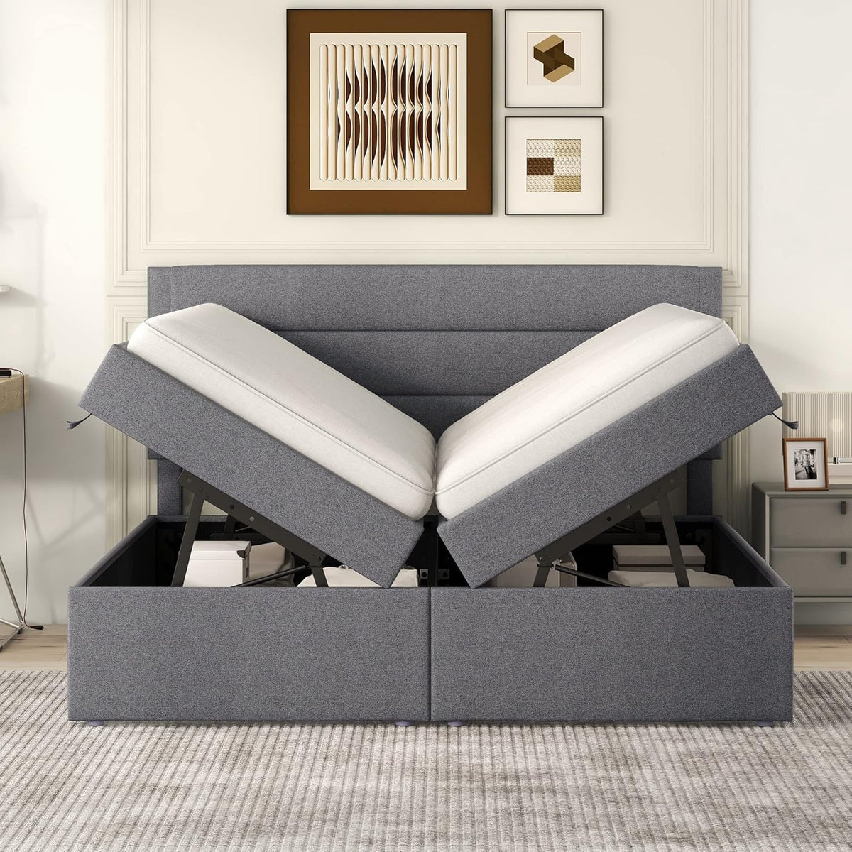 Boxspringbett 140x200 mit Bettkasten, Doppelbett Polsterbett mit Lattenrost, Bett, Betten, Bettgestell mit Stauraum, Schlafzimmer Komplett, Stauraumbett (Grau, Doppelbett 140x200), TkopyBed0615