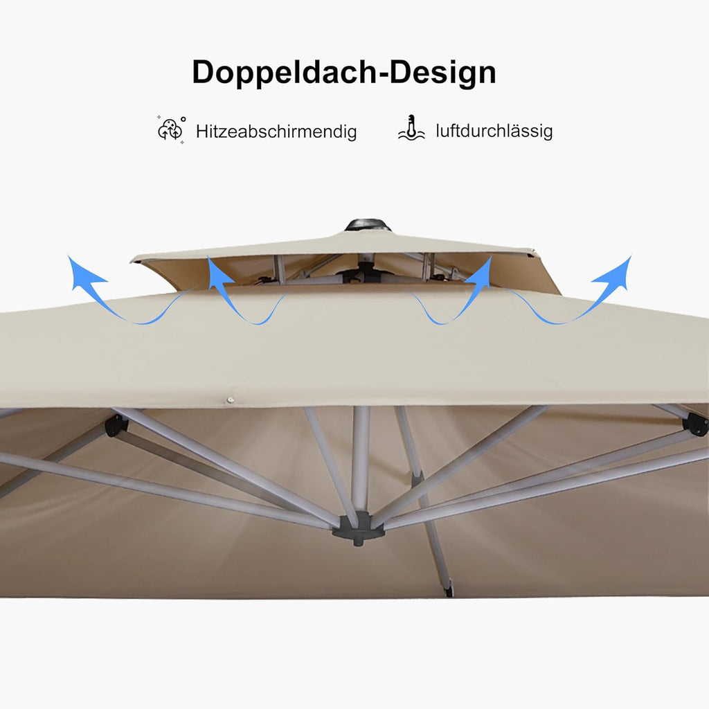 PURPLE LEAF Sonnenschirm 300 x 300 cm mit Schirmständer Ampelschirm Groß 360°Rotation Gartenschirm mit Kurbel, Marktschirm XXL Sonnenschutz UV50+, Beige