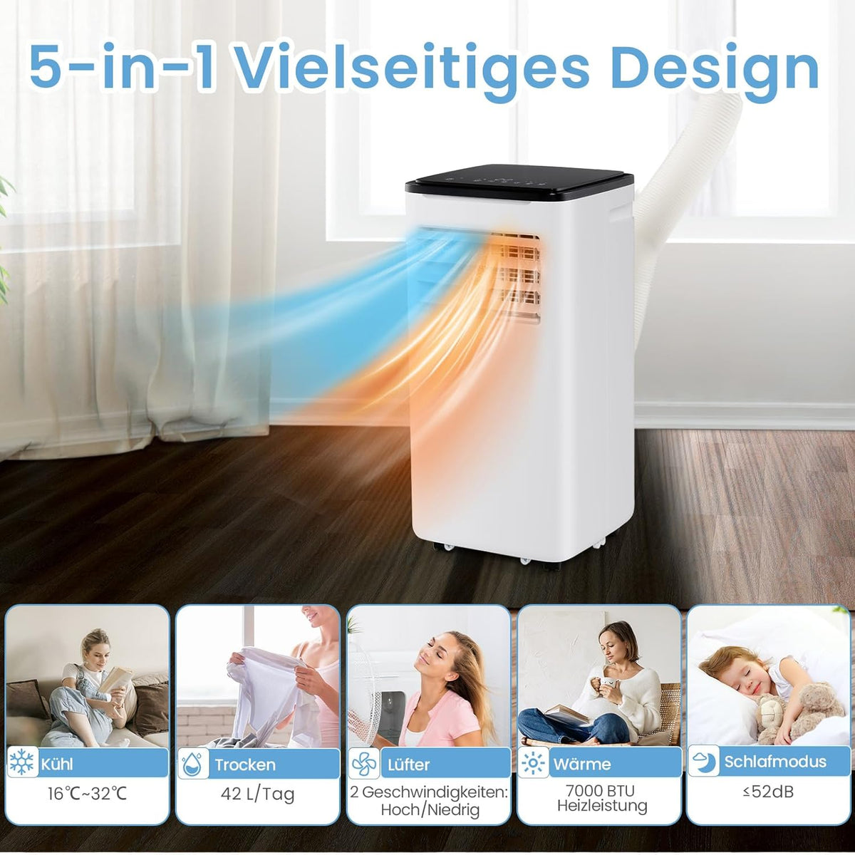 COSTWAY 9000 BTU mobile Klimaanlage mit Abluftschlauch, 4 in 1 Klimagerät mit Kühlen, Ventilator, Heizen & Entfeuchter, Kühlgerät mit Schlafmodus, 24H Timer, Fernbedienung
