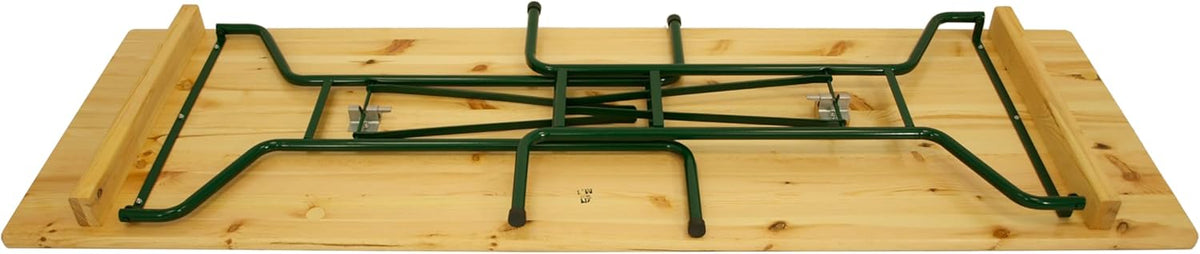 DEGAMO Stehtisch Bartisch Bamberg 70 x 220cm, Gestell Stahlrohr dunkelgrün, Tischplatte Kiefernholz transparent beschichtet, klappbar, Höhe 110cm