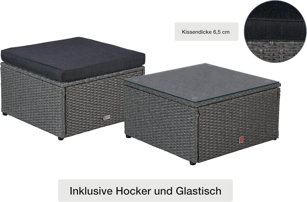 LC Garden Loungino Polyrattan Lounge grau-Mix für 3-4 Personen, Balkonmöbel Sitzgruppe mit Tisch + Hocker, Gartenlounge, Ecksofa für Balkon + Terrasse