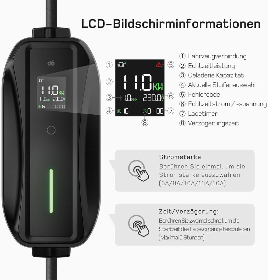 dé Mobile Wallbox/Ladestation 11kW 3-phasig|7m|6-16A mit Traveller Adapter Set, Ladekabel CEE 16A auf Typ 2 und EV Ladegerät für Model Y/3, ID.3/4/5, MG4, EX30, e-up, e-tron, Zoe und andere EV