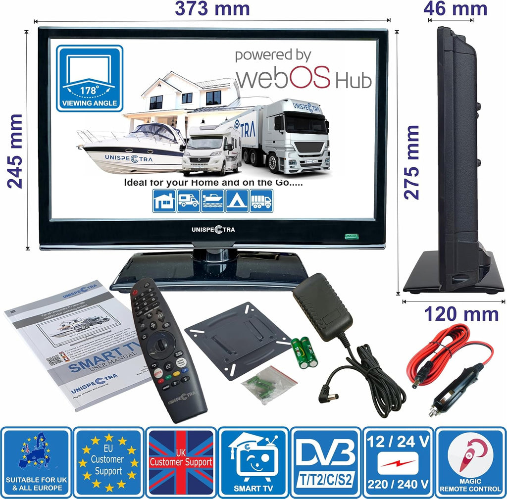 Unispectra® 16â€?Smart TV (webOS) Full HD 230V 24V Triple Tuner: Sat, Antenne, Kabel TV, 3xHDMI, 2xUSB, Magic Remote. 12V Fernseher für Wohnmobile, Wohnwagen, LKWs, Lieferwagen, Boote