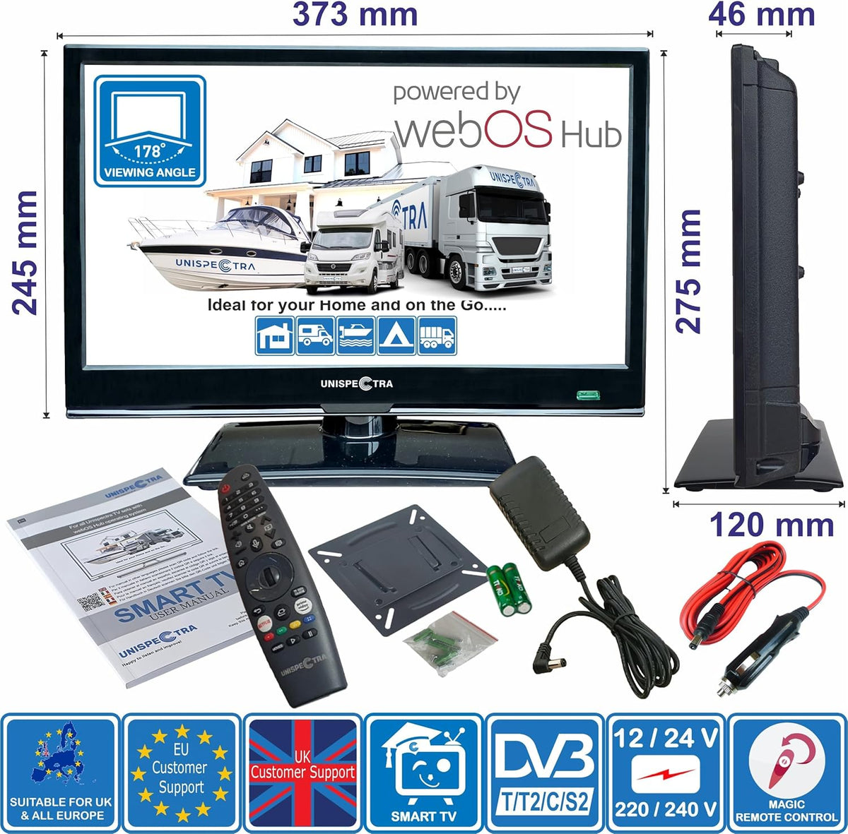 Unispectra® 16â€?Smart TV (webOS) Full HD 230V 24V Triple Tuner: Sat, Antenne, Kabel TV, 3xHDMI, 2xUSB, Magic Remote. 12V Fernseher für Wohnmobile, Wohnwagen, LKWs, Lieferwagen, Boote