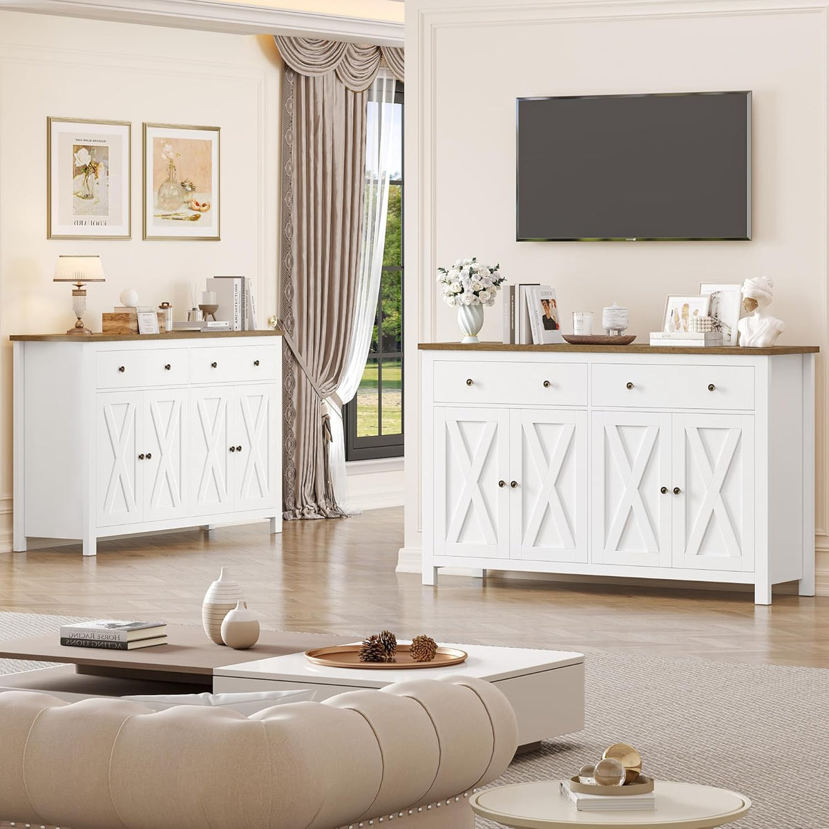 FirFurd Sideboard 140cm Breit Küchenschrank mit Arbeitsplatte Buffetschrank mit 2 Schubladen und 4 Türen Küchenbuffet mit Verstellbares Regal Sideboard für Küche Wohnzimmer Esszimmer weiß 140x89x40 cm
