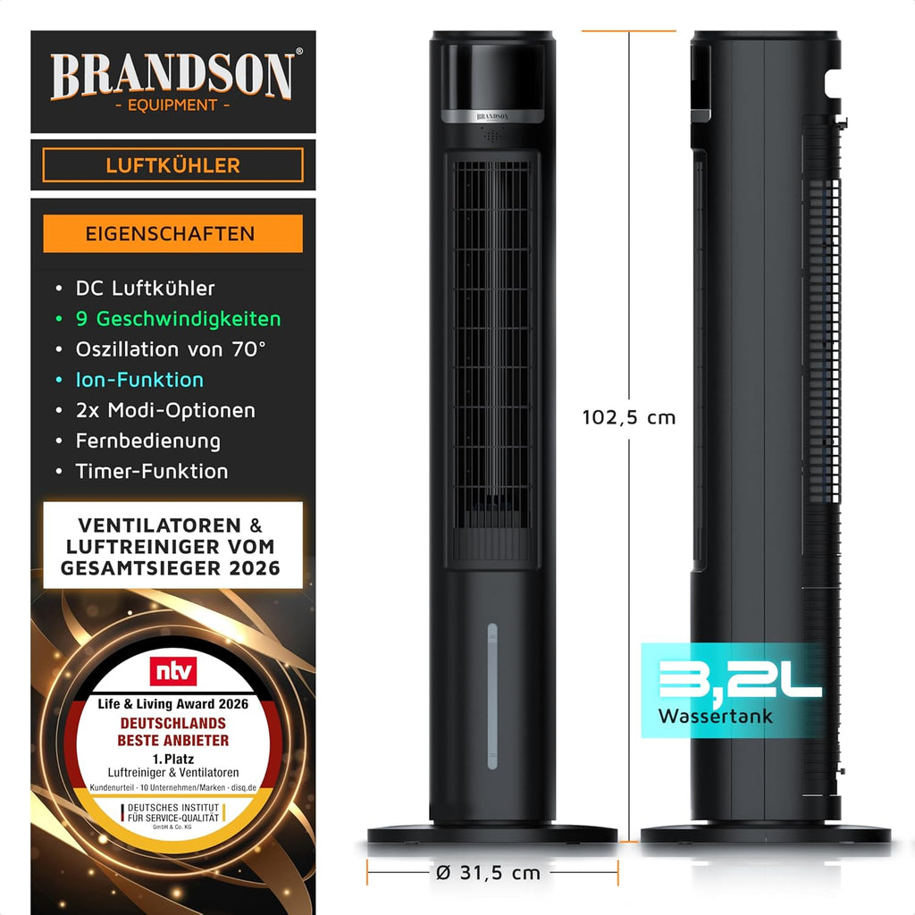 Brandson â€?mobiler Luftkühler mit Wasserkühlung im ECO Design - DC Motor sehr leise - 60% Energieeinsparung - Sieger Ventilatoren und Luftkühler 2026 - Turmventilator â€?Oszillation â€?Ion Funktion