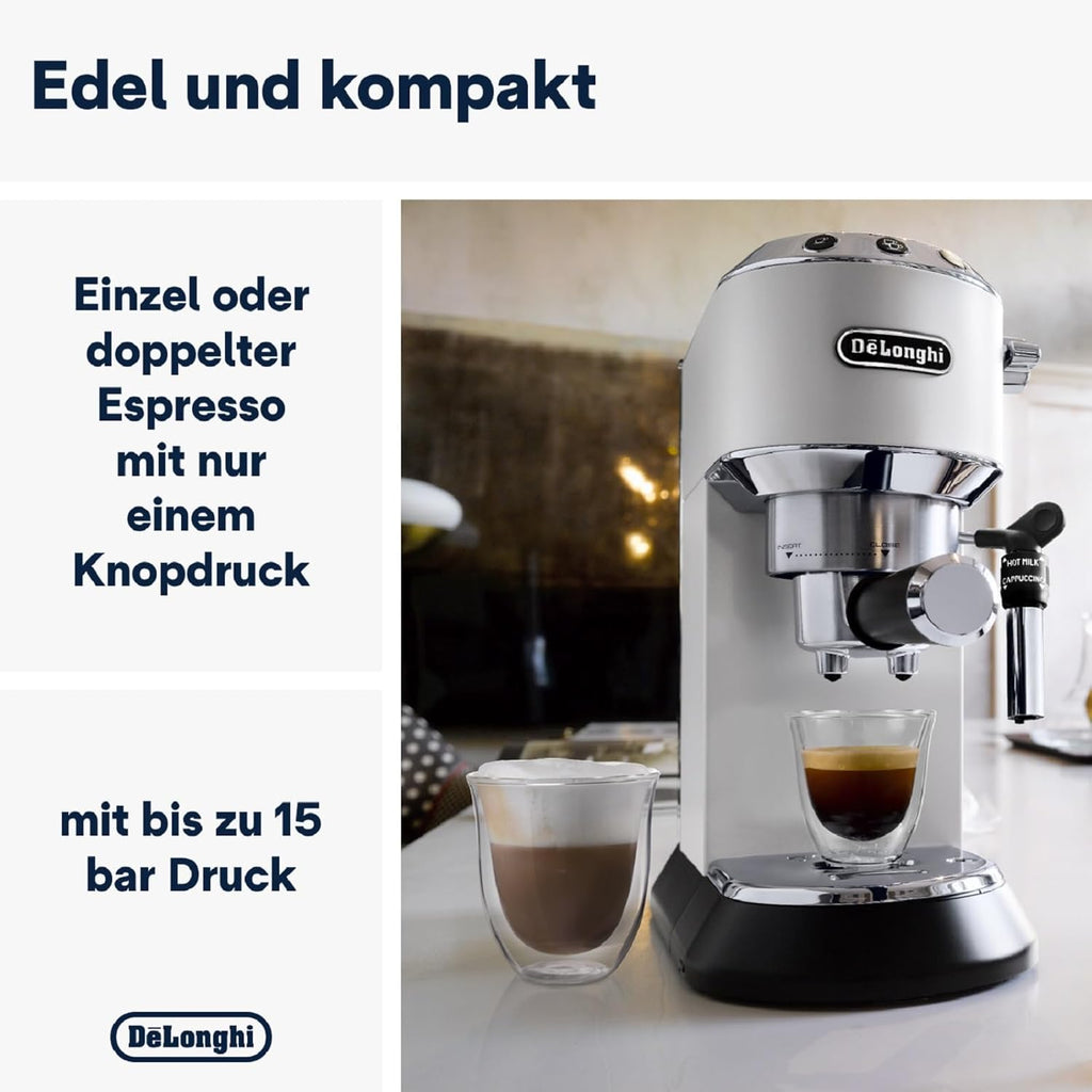 De'Longhi Dedica Style EC 685.M â€?Espresso Siebtrgermaschine, Espressomaschine mit professionellem Milchaufschumer, nur 15 cm breit, für Kaffeepulver oder ESE Pads, 1 l Wassertank, silber