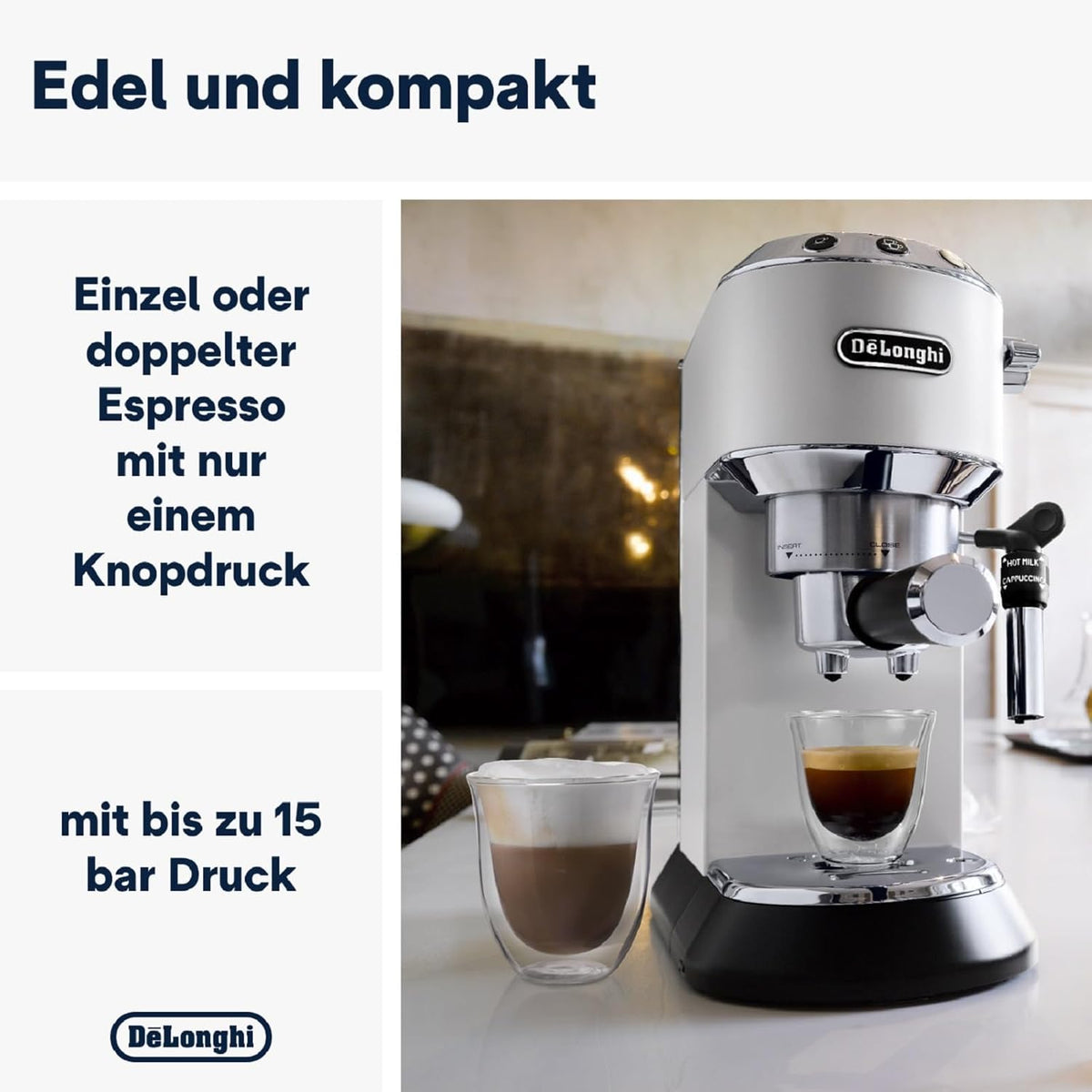 De'Longhi Dedica Style EC 685.M â€?Espresso Siebtrgermaschine, Espressomaschine mit professionellem Milchaufschumer, nur 15 cm breit, für Kaffeepulver oder ESE Pads, 1 l Wassertank, silber