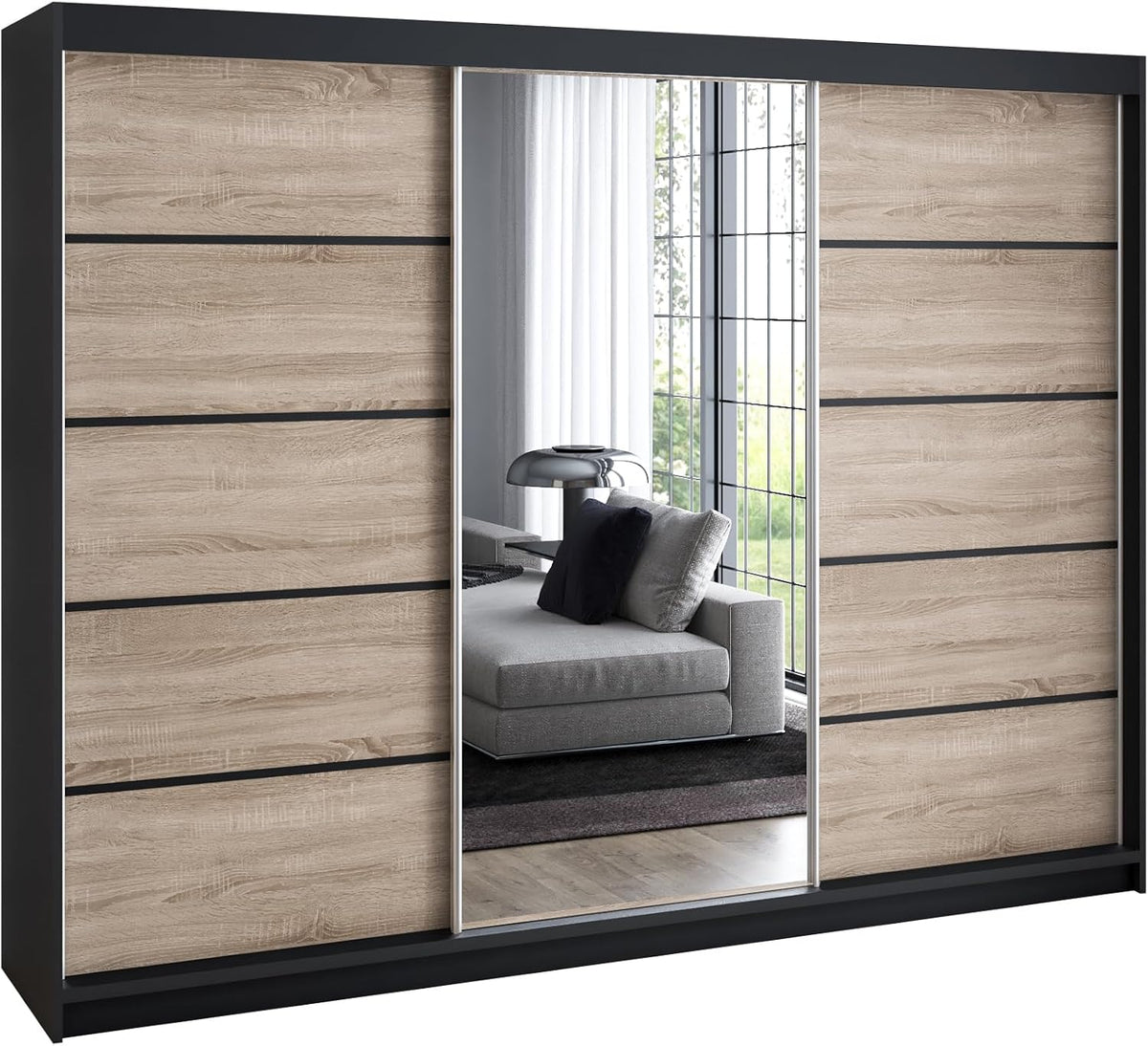 A und J MöbelLand Schwebetürenschrank VILUNO 2 Kleiderschrank 3-türig 200 cm mit Spiegel, 4 Schubladen  und  2 Kleiderstangen, Geräumiger Schlafzimmerschrank (Schwarz/Sonoma)