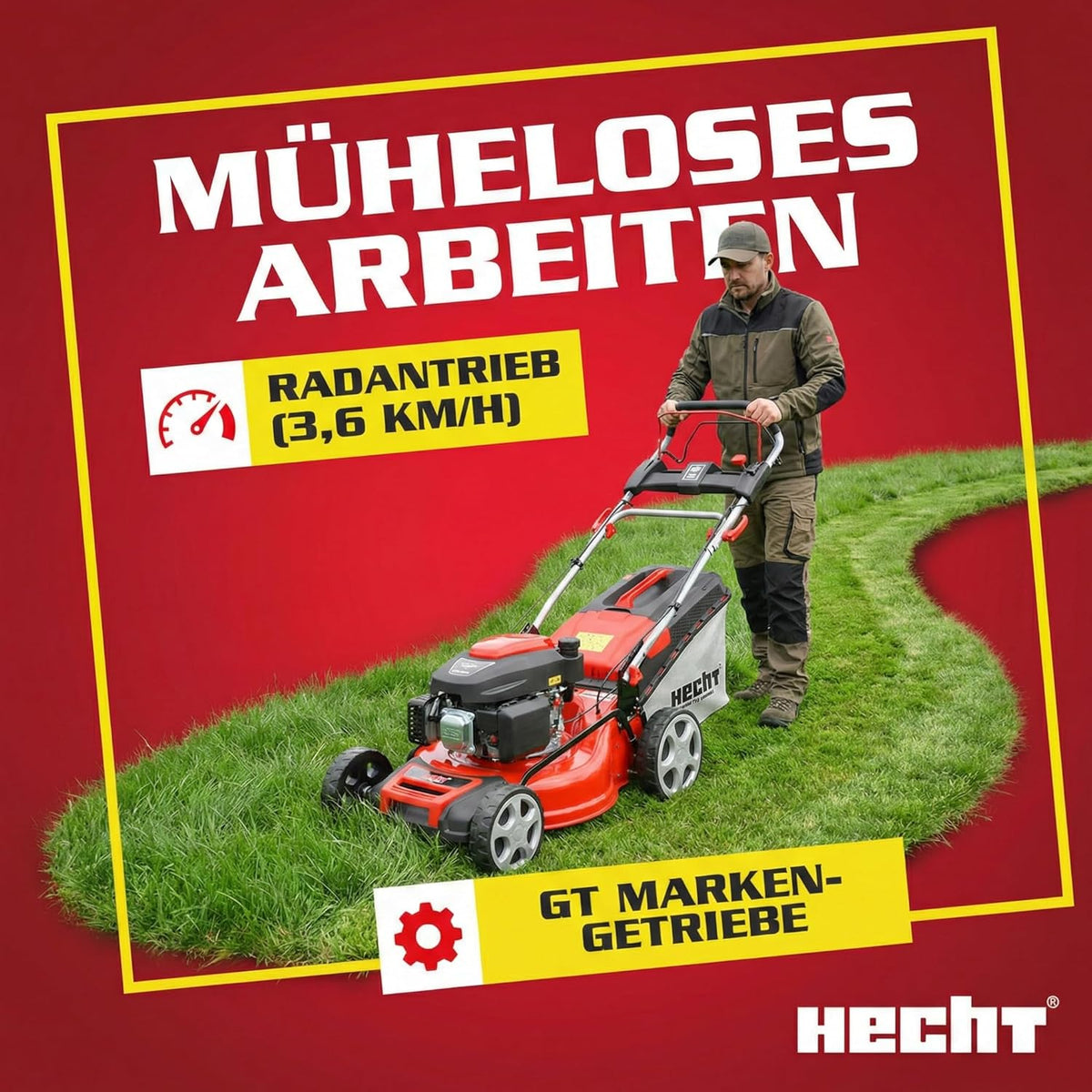HECHT 5-IN-1 Benzin Rasenmäher - leistungsstarker 4 Takt Motor 4,0 kW (5,5 PS) - Elektrostart - 51 cm Schnittbreite - 65 l Fangkorb - Radantrieb - patentierte Räder - Mulchmäher Rasenmäher
