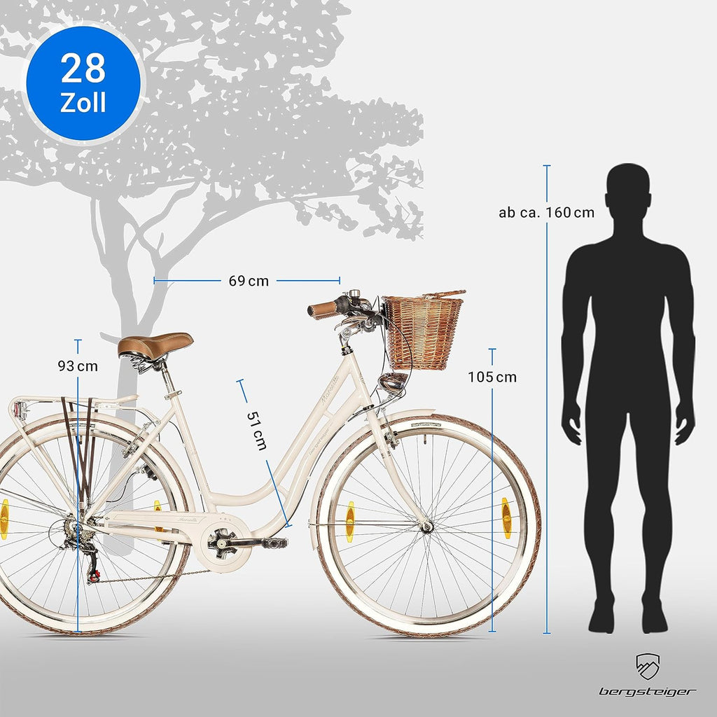 Bergsteiger Marseille 26, 28 Zoll Damenfahrrad, ab 150 cm, Korb aus Rattan, Fahrrad-Licht, Damen-Citybike, Damenrad im Retro-Design«, 6 Gang Tourney Schaltung, Kettenschaltung