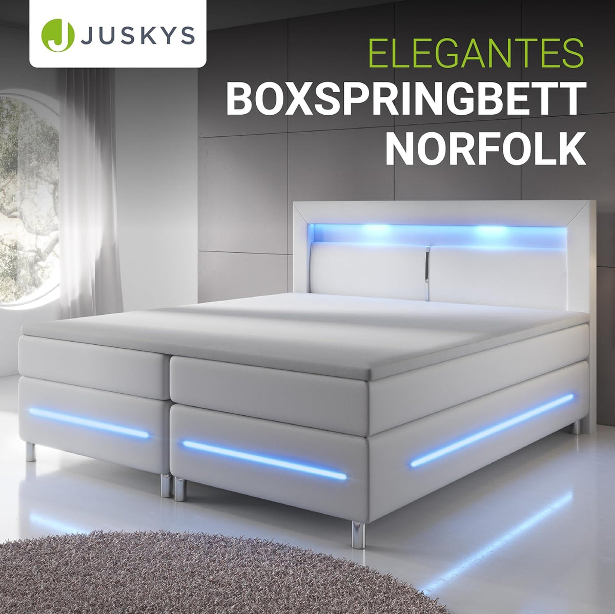 Juskys Boxspringbett Norfolk 180x200 cm - LED Beleuchtung, Bonell Matratze & Topper - 66 cm Komforthöhe - weiß - Bett Doppelbett Polsterbett