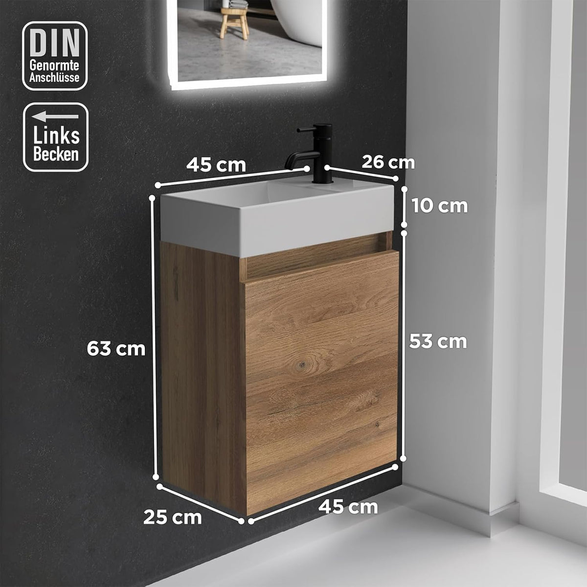 Alpenberger Waschbecken mit Unterschrank 45 cm | Badezimmermöbel Set | Kleines Waschbecken Gäste WC | Waschtisch Set | Unterschrank Bad Waschbeckenunterschrank Bamboo