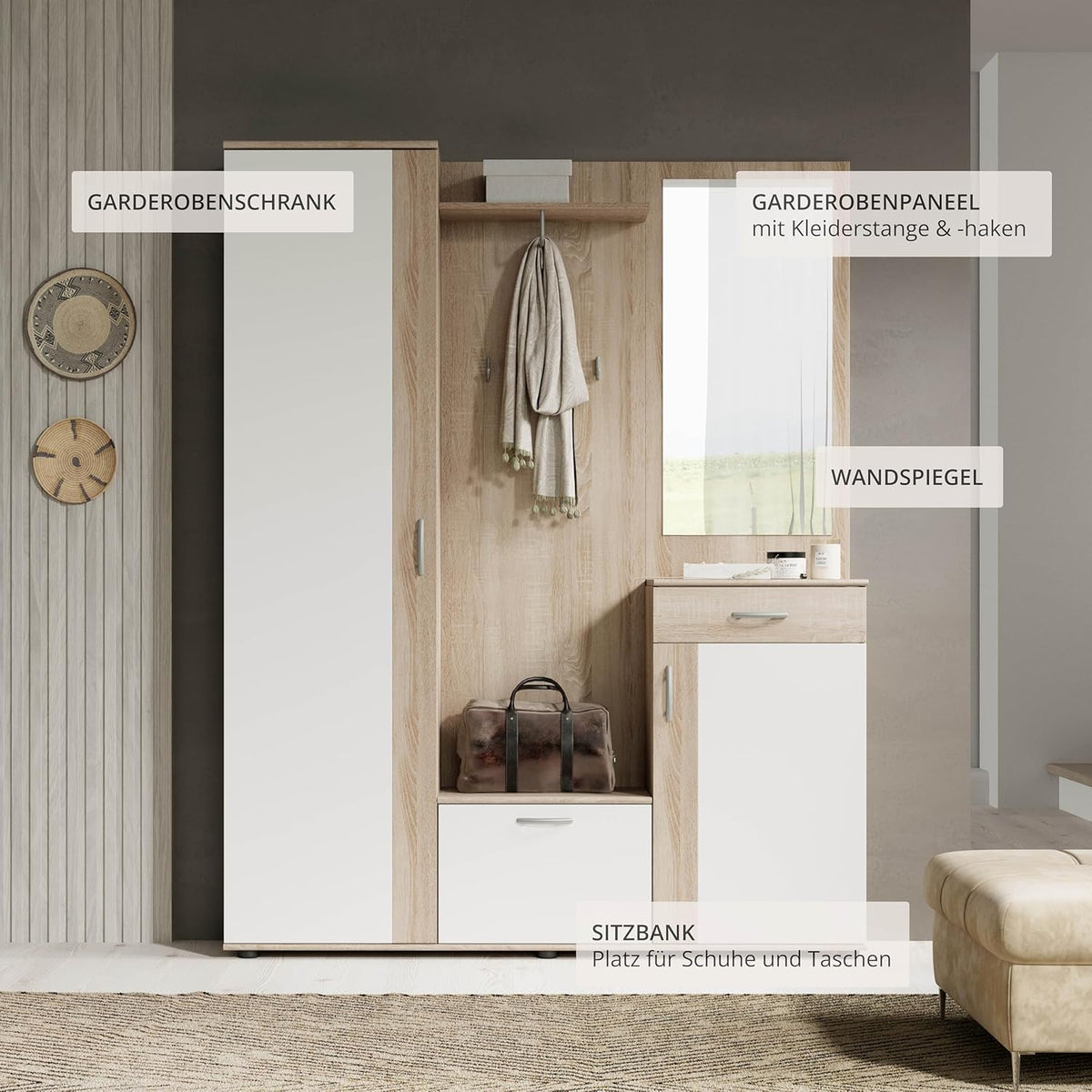 Stella Trading PATENT Flurgarderoben Set in Sonoma Eiche Optik, Weiß - Stylishe Kompaktgarderobe mit Spiegel für Ihren Eingangsbereich - 145 x 184 x 29 cm (B/H/T), Braun