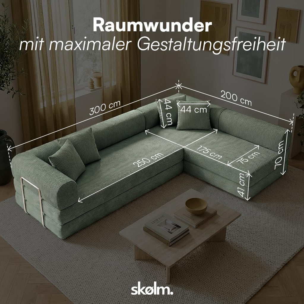 skølm Lofn Ecksofa 4 Sitzer â€?Wohnlandschaft L-Form Cord â€?Klappsofa 300cm breit Dunkelgrün â€?ausklappbar zum Schlafsofa, Bodensofa â€?Vollschaum Sofa mit 4 Kissen & Stahlgestell â€?Cloud Couch boneless | ohne Aufbau