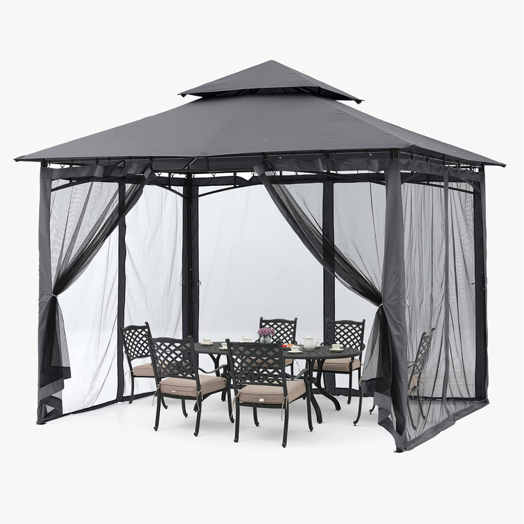 ABCCANOPY Pavillon 2.5x2.5m Wasserdicht Stabil Winterfest Gartenpavillon .Doppeldachweichdach Hinterhof-Partyzelt mit Netz für Schatten und Regen,Grau