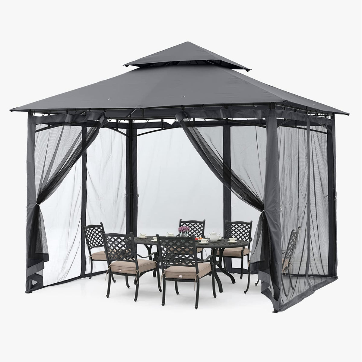 ABCCANOPY Pavillon 2.5x2.5m Wasserdicht Stabil Winterfest Gartenpavillon .Doppeldachweichdach Hinterhof-Partyzelt mit Netz für Schatten und Regen,Grau