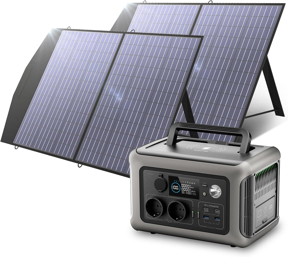 ALLPOWERS R600 Solargenerator, 2x 600W (1200W Spitze) AC Ausgang Tragbare Powerstation mit 2x 100W Solarpanel, 299WH LiFePO4 Batterie, Mobile Stromversorgung für Garten Reise Camping Wohnmobil Notfall