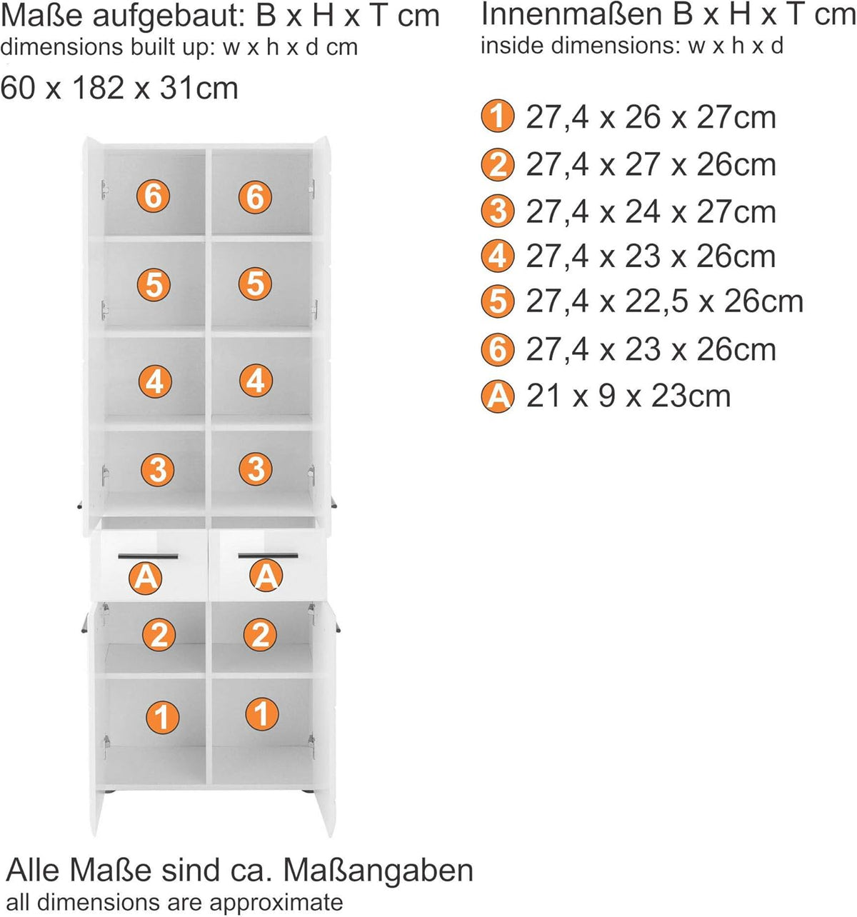 trendteam smart living - Skin - Hochschrank - Weiß/Weiß Hochglanz - Badschrank 12 Fächer und 2 Schubladen - (BxHxT) 30 x 182 x 31 cm - Schwarze Griffe - Kratzfest