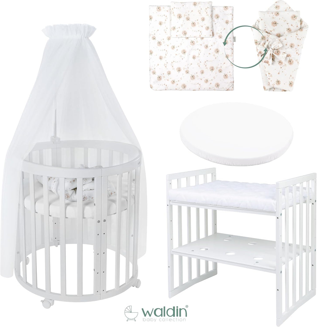 Waldin Oval Baby-Bett Mitwachsend Komplett Set 7in1, Gitterbett, Kinderbett mit Matratze, Wickelkommode, Beistellbett, Holz Weiß