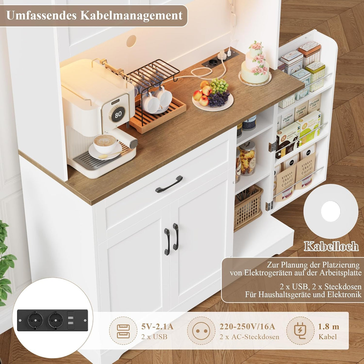 FirFurd 180cm Küchenschrank mit LED & Gewürzregal Buffetschrank Sideboard für Küche mit Steckdosenleiste Küchenschrank mit Arbeitsplatte Küchenbuffet Küchenmöbel 180x100x38cm weiß