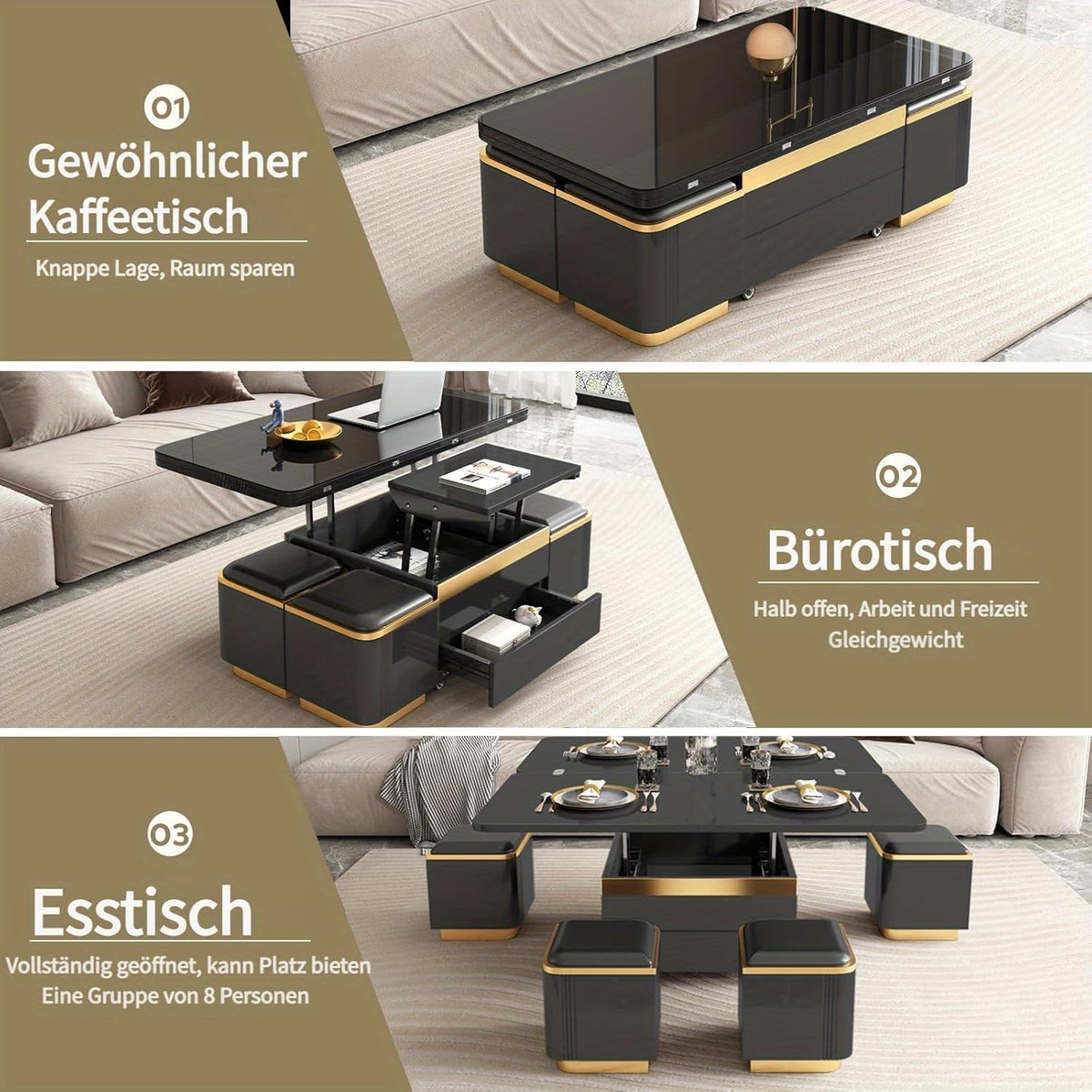 Guyii Höhenverstellbarer Couchtisch 120 cm lang mit Ablage, Multifunktionaler Cauchsofa Tisch, Coffee Table mit integriertem Stauraum und Klapptisch, Moderner Design für Wohnzimmer (schwarz)