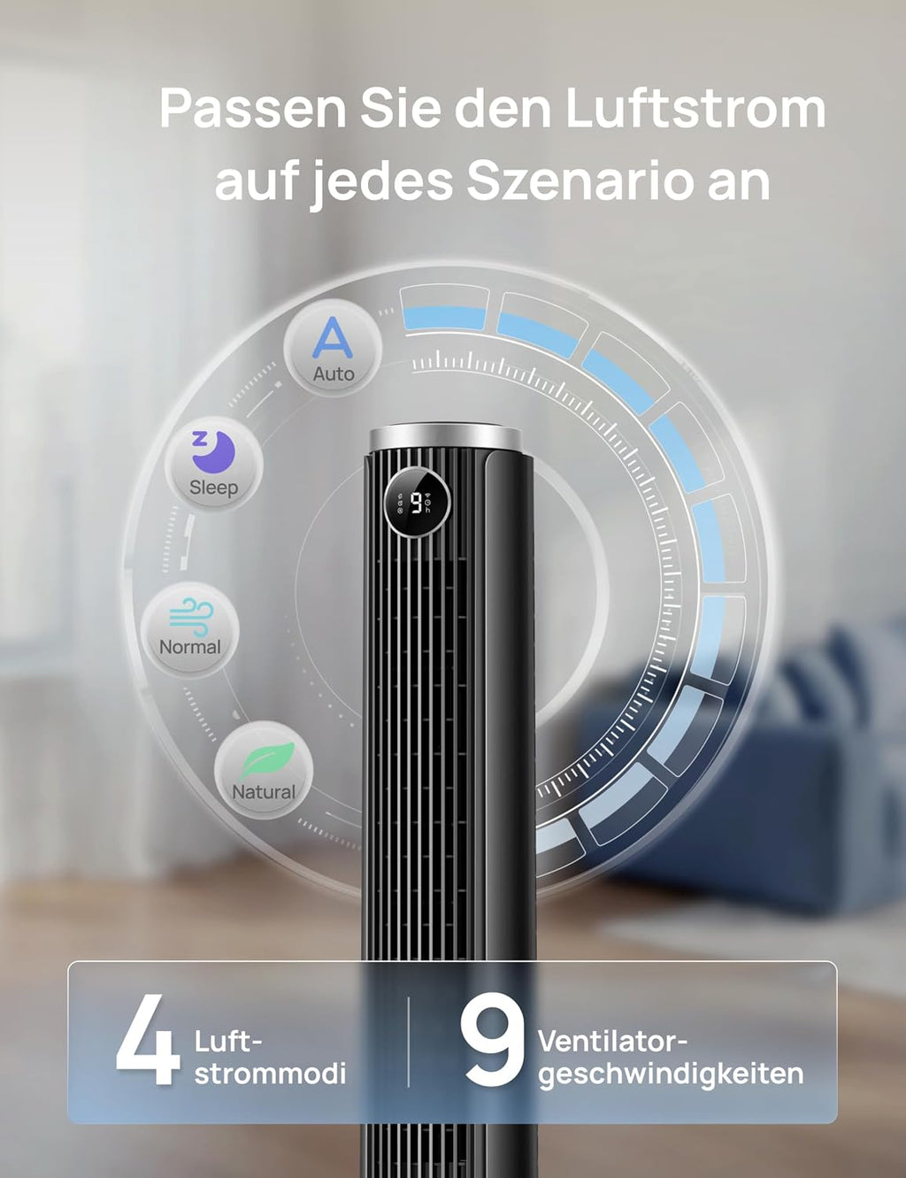 DREO Smart 102â€?14cm Turmventilator fürs Schlafzimmer, Höhenverstellbar, 8.4m/s, DC-Motor, 9 Stufen, 4 Modi, 90°-Oszillation, Standventilator, 20dB Leise, 12H Timer für Zuhause und Büro, Google/Alexa