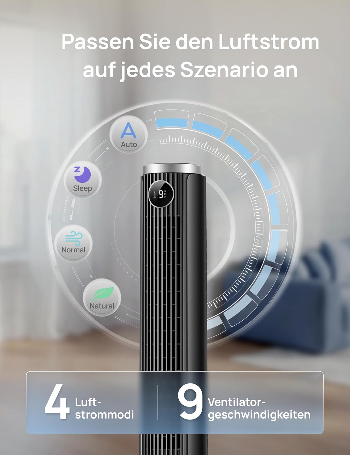DREO Smart 102â€?14cm Turmventilator fürs Schlafzimmer, Höhenverstellbar, 8.4m/s, DC-Motor, 9 Stufen, 4 Modi, 90°-Oszillation, Standventilator, 20dB Leise, 12H Timer für Zuhause und Büro, Google/Alexa