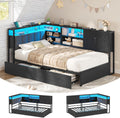 Polsterbett Schlafsofa 90x200 mit LED-Beleuchtung, Ladestation, Tagesbett, Jugendbett mit 2 Schubladen und Lattenrost aus Metall, Kopfteil mit Stauraum, Offene Regale, Schrank, Schwarz