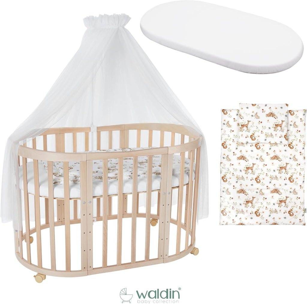 Waldin Oval Baby-Bett Mitwachsend Komplett Set 7in1, Gitterbett, Kinderbett mit Matratze, Wickelkommode, Beistellbett, Holz Weiß
