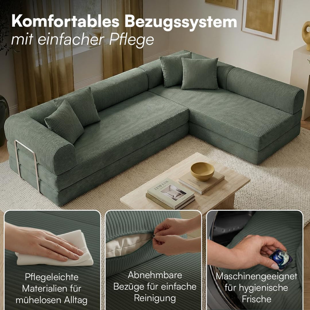 skølm Lofn Ecksofa 4 Sitzer â€?Wohnlandschaft L-Form Cord â€?Klappsofa 300cm breit Dunkelgrün â€?ausklappbar zum Schlafsofa, Bodensofa â€?Vollschaum Sofa mit 4 Kissen & Stahlgestell â€?Cloud Couch boneless | ohne Aufbau