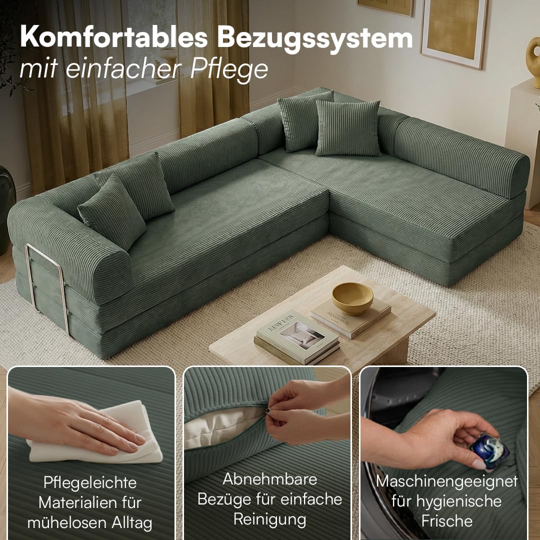skølm Lofn Ecksofa 4 Sitzer â€?Wohnlandschaft L-Form Cord â€?Klappsofa 300cm breit Dunkelgrün â€?ausklappbar zum Schlafsofa, Bodensofa â€?Vollschaum Sofa mit 4 Kissen & Stahlgestell â€?Cloud Couch boneless | ohne Aufbau