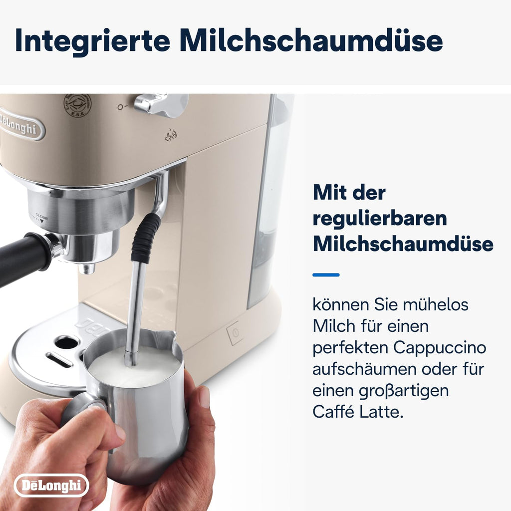 De'Longhi Dedica Style EC 685.M â€?Espresso Siebtrgermaschine, Espressomaschine mit professionellem Milchaufschumer, nur 15 cm breit, für Kaffeepulver oder ESE Pads, 1 l Wassertank, silber