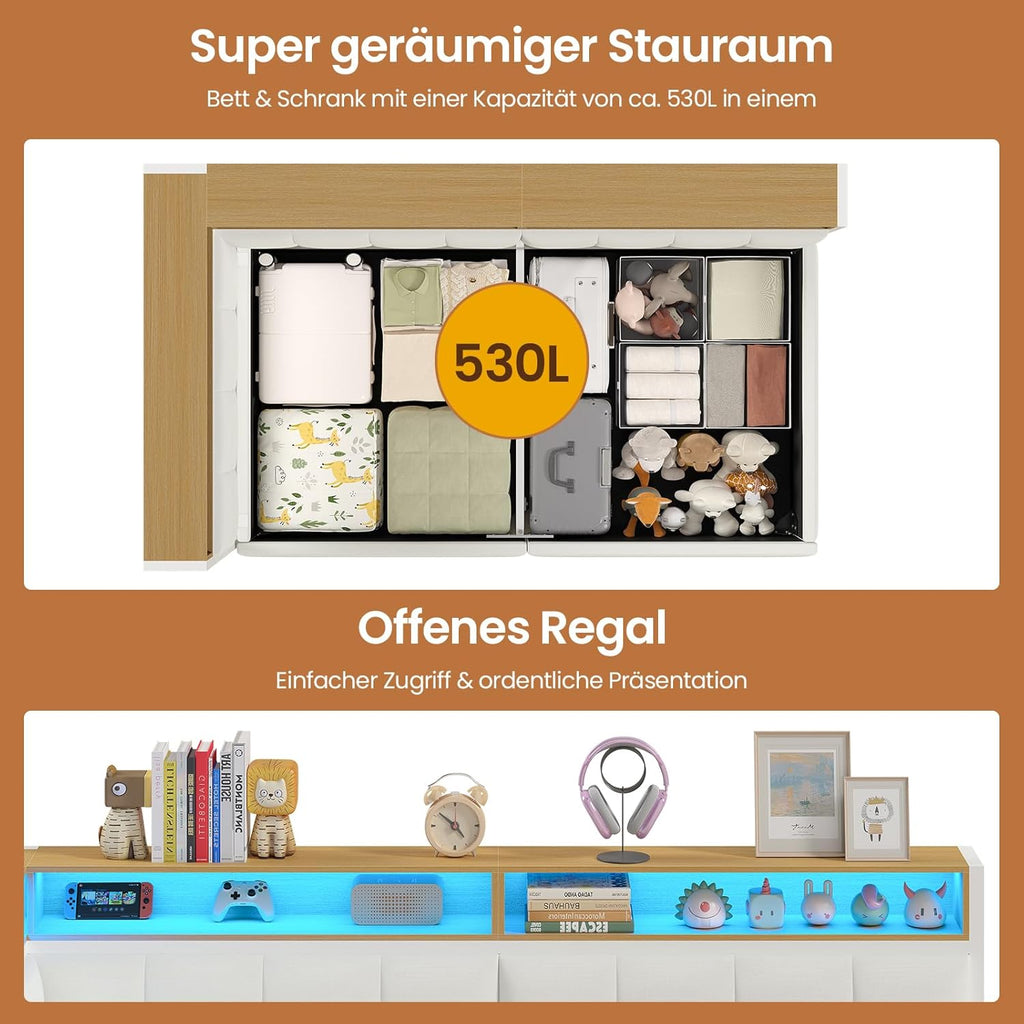 DICTAC Jugendbett 90x200 mit Stauraum, LED & Ladestation | Polsterbett mit hydraulischem Stauraum, zweistöckiges Ablagefach | Tagesbett Einzelbett in weißâ€?für Kinder, Jugendliche & Erwachsene