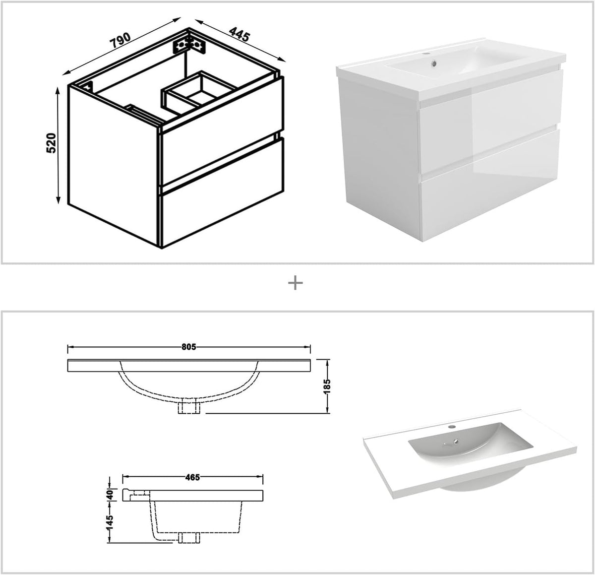 Badezimmermöbel 80cm Keramik Waschtisch mit Unterschrank Badmöbel Set Badezimmerschränke mit 2 Soft-Close Schubladen Hochglanz Weiß