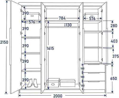 A und J MöbelLand Oslo Kleiderschrank 4-türig mit 3 Schubladen - 200 x 215 cm - Drehtürenschrank mit Kleiderstange und Einlegeböden, Modernes Design mit Metallgriffen