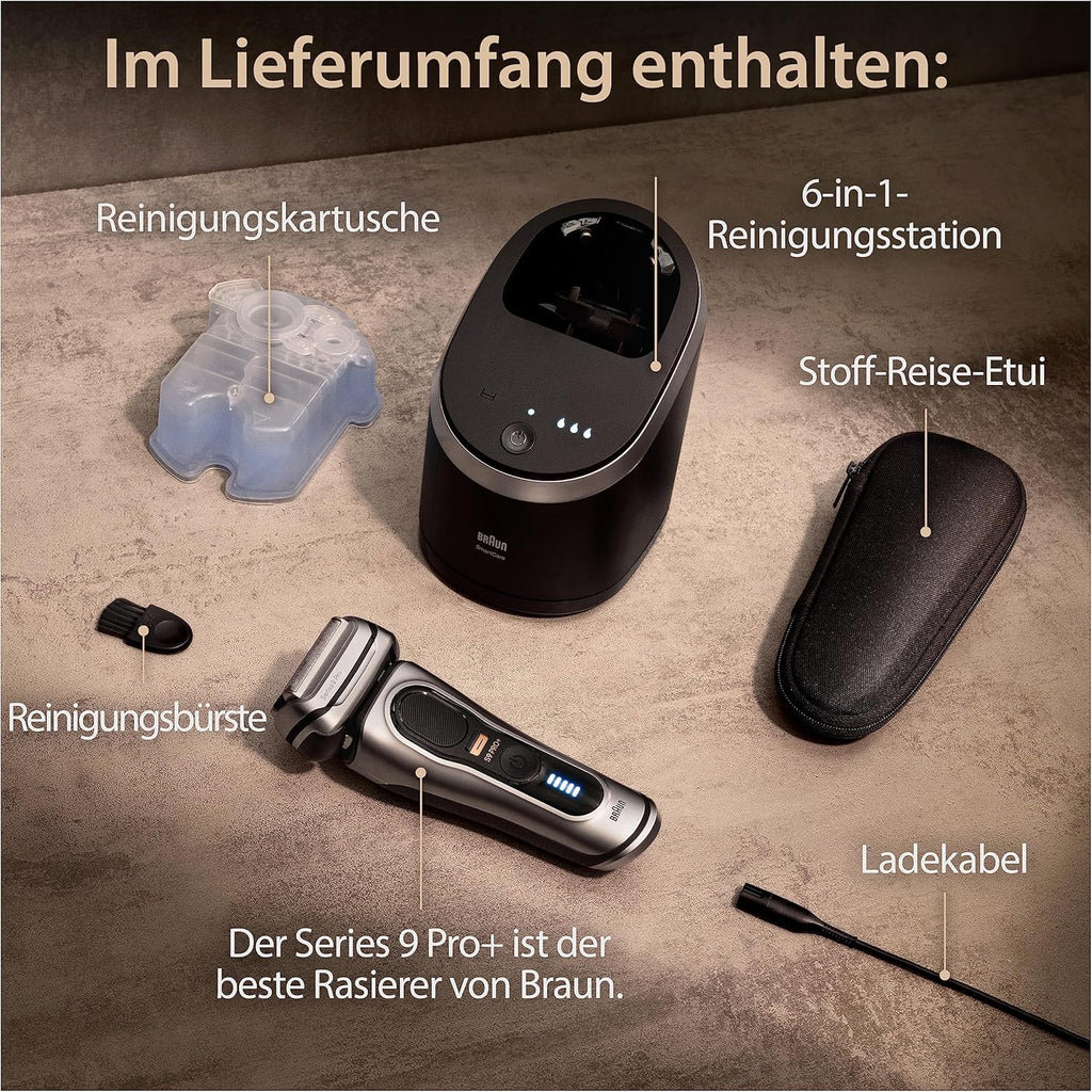 Braun Series 9 Pro+ Rasierer Herren Elektrisch, Elektrorasierer mit 5 Pro Rasierelementen, Rasierapparat ProTrimmer & Reinigungsstation, 60 Min Laufzeit, Made in Germany, 9567cc, Silber