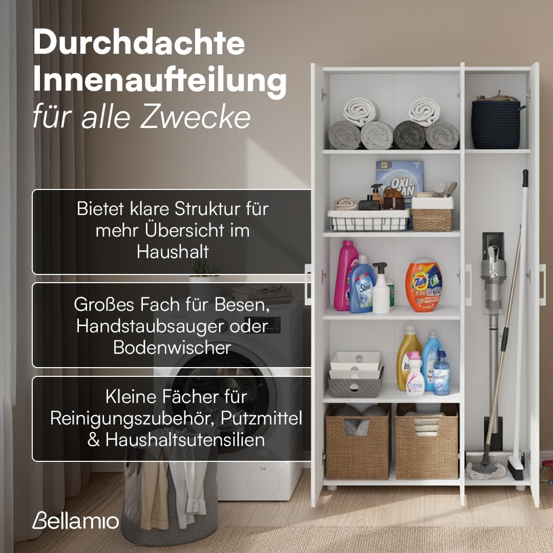 Bellamio Apol Mehrzweckschrank Weiß â€?Besenschrank 90 cm breit mit Stauraum â€?Putzschrank mit Staubsaugerfach â€?Vorratsschrank Küche - Aktenschrank aus Holz - Flurschrank â€?Aufbewahrungsschrank