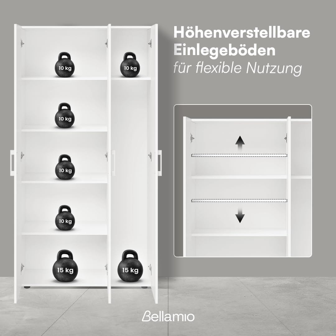Bellamio Apol Mehrzweckschrank Weiß â€?Besenschrank 90 cm breit mit Stauraum â€?Putzschrank mit Staubsaugerfach â€?Vorratsschrank Küche - Aktenschrank aus Holz - Flurschrank â€?Aufbewahrungsschrank