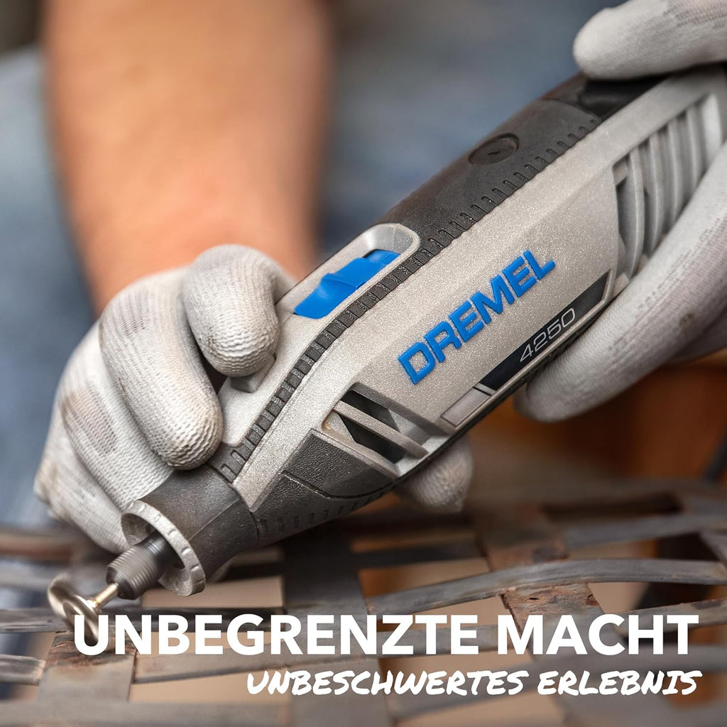 Dremel 4250 Multitool 175W, variable Drehzahl 5.000-35.000 U-min, Multitool-Kit mit 6 Aufsätzen, 1 Dremel BOX, 128 Zubehörteile zum Schneiden, Gravieren, Schleifen, Schärfen, Bohren, Fräsen