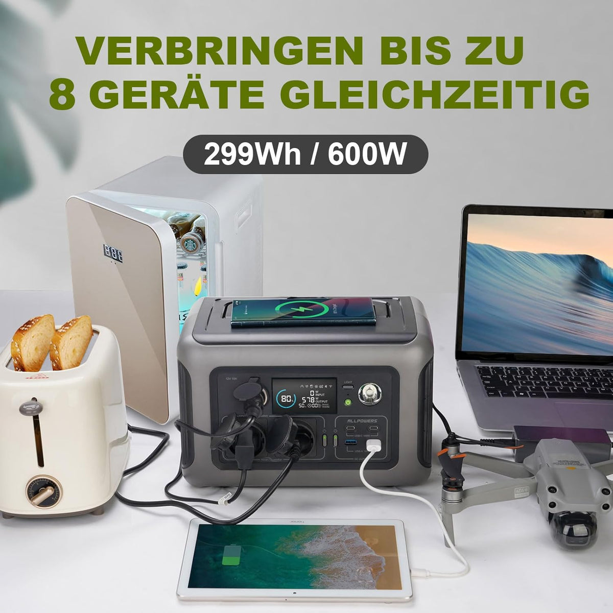 ALLPOWERS R600 Solargenerator, 2x 600W (1200W Spitze) AC Ausgang Tragbare Powerstation mit 2x 100W Solarpanel, 299WH LiFePO4 Batterie, Mobile Stromversorgung für Garten Reise Camping Wohnmobil Notfall